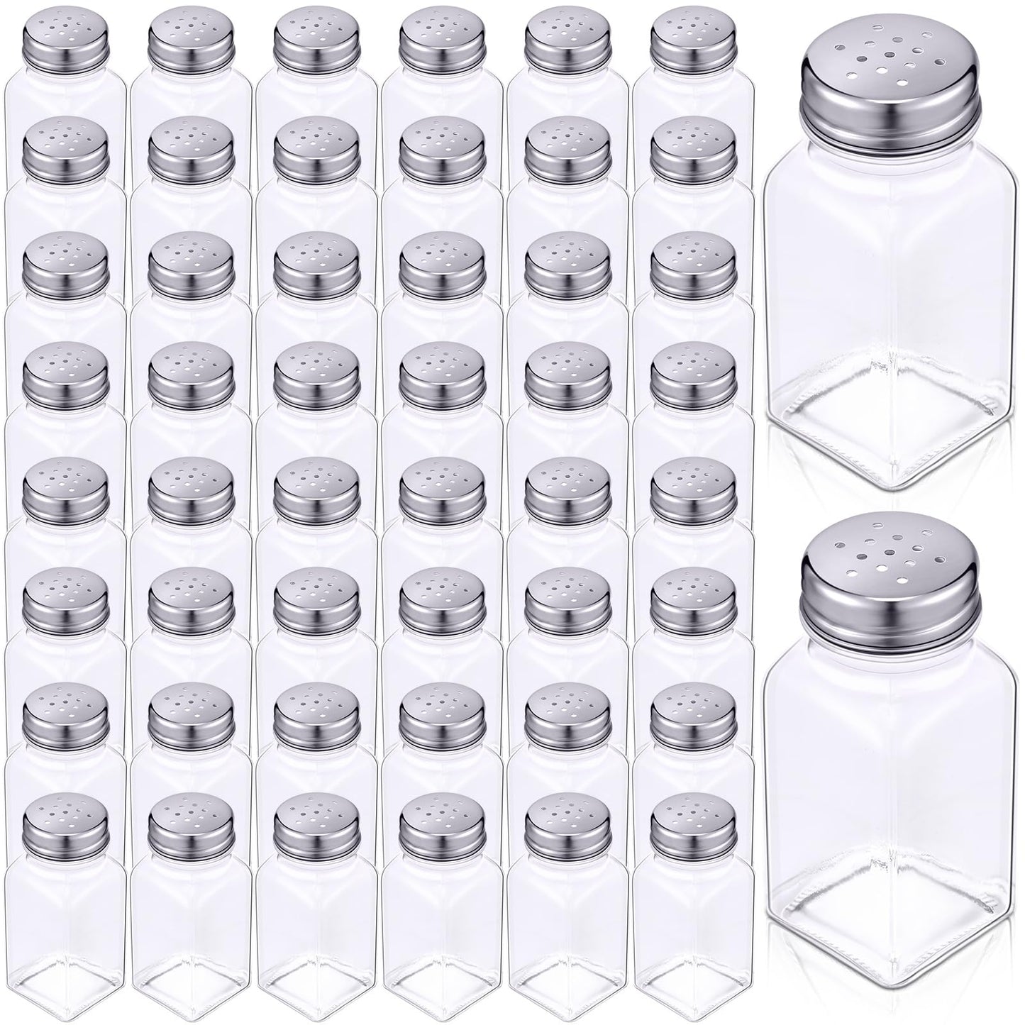 Bokon 48 Pack Glass Salt Shaker Bulk with Stainless Lids Tops 2.7oz Small Spice Shaker for Kitchen Restaurants and Catering Wedding Party Supplies (Classic)