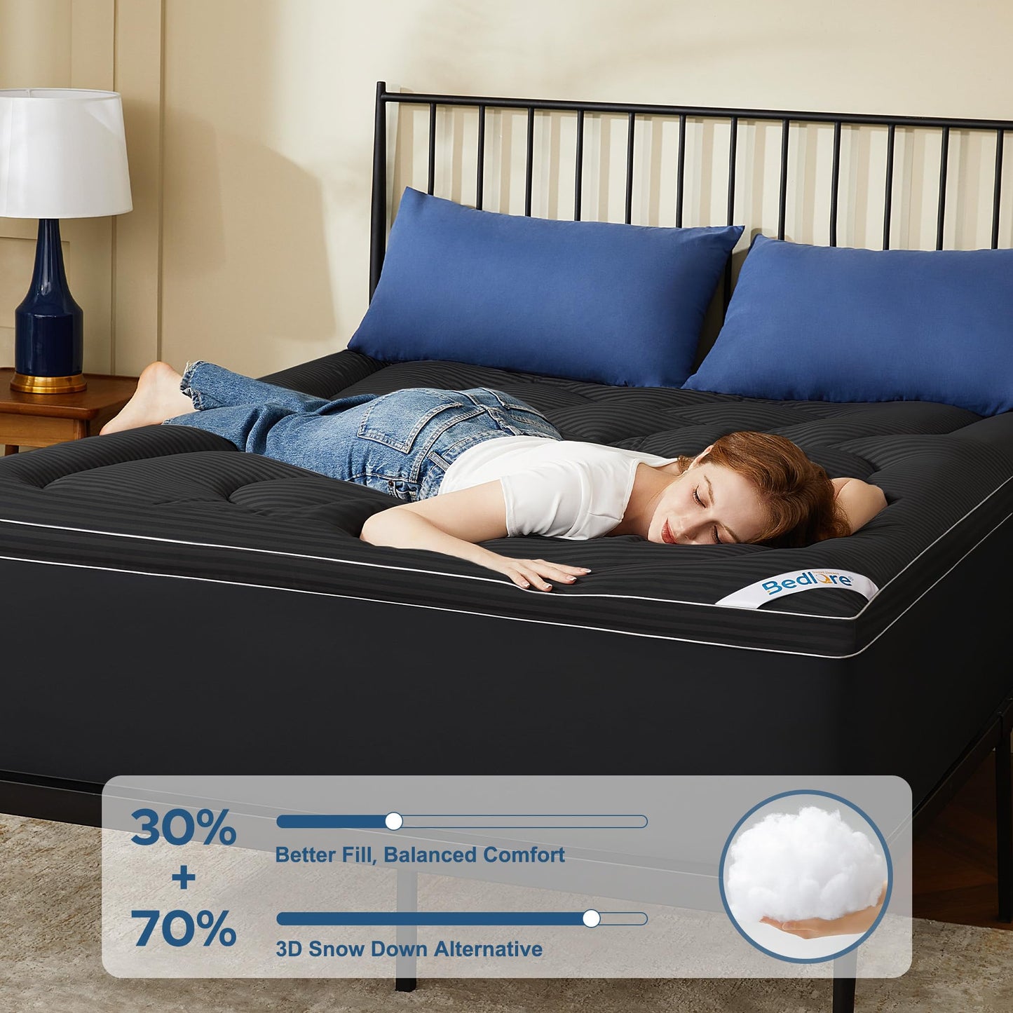 BEDLORE Queen Mattress Topper, Thick Pillow Top Pad for Back Pain Relief, Soft Mattress Cover with Deep Pockets 6-18 inch(Black)