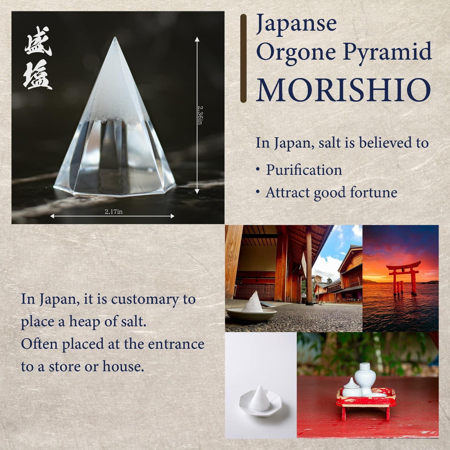 MORISHIO Japanese Orgone Pyramid, Salt purification zen lucky ornaments (Gold)