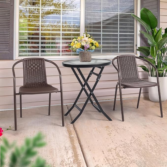 VINGLI PE Rattan Outdoor Dining Chairs Set of 2, Plastic Stackable Patio Chairs for Indoor, Porch, Restaurant, Garden, Brown