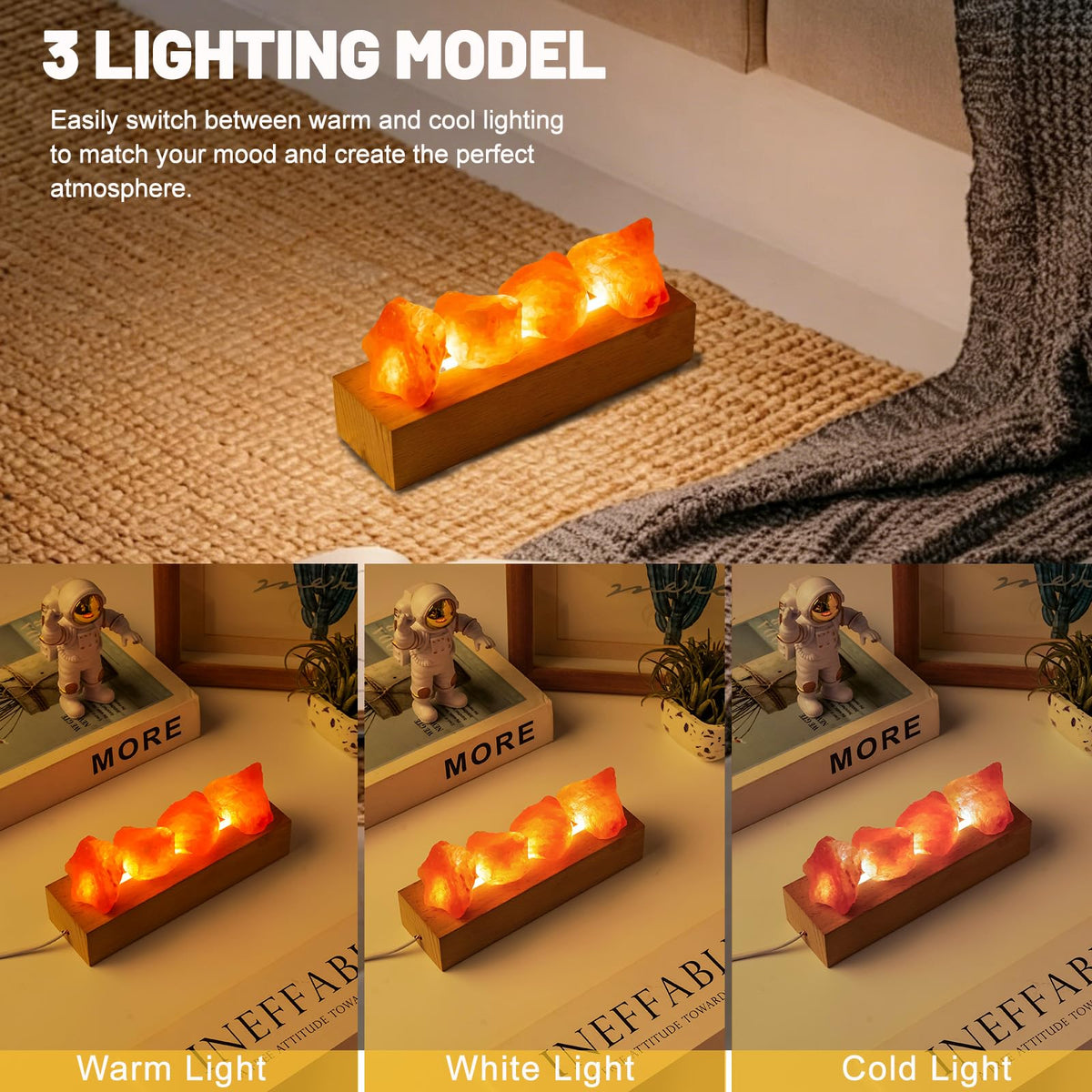 Runyangshi Crystal Night Lamp Natural Healing Himalayan Salt Raw Stone USB Port 3 Colours Dimming Mode Bedroom Lamp Suitable Night Light Ideal Gift