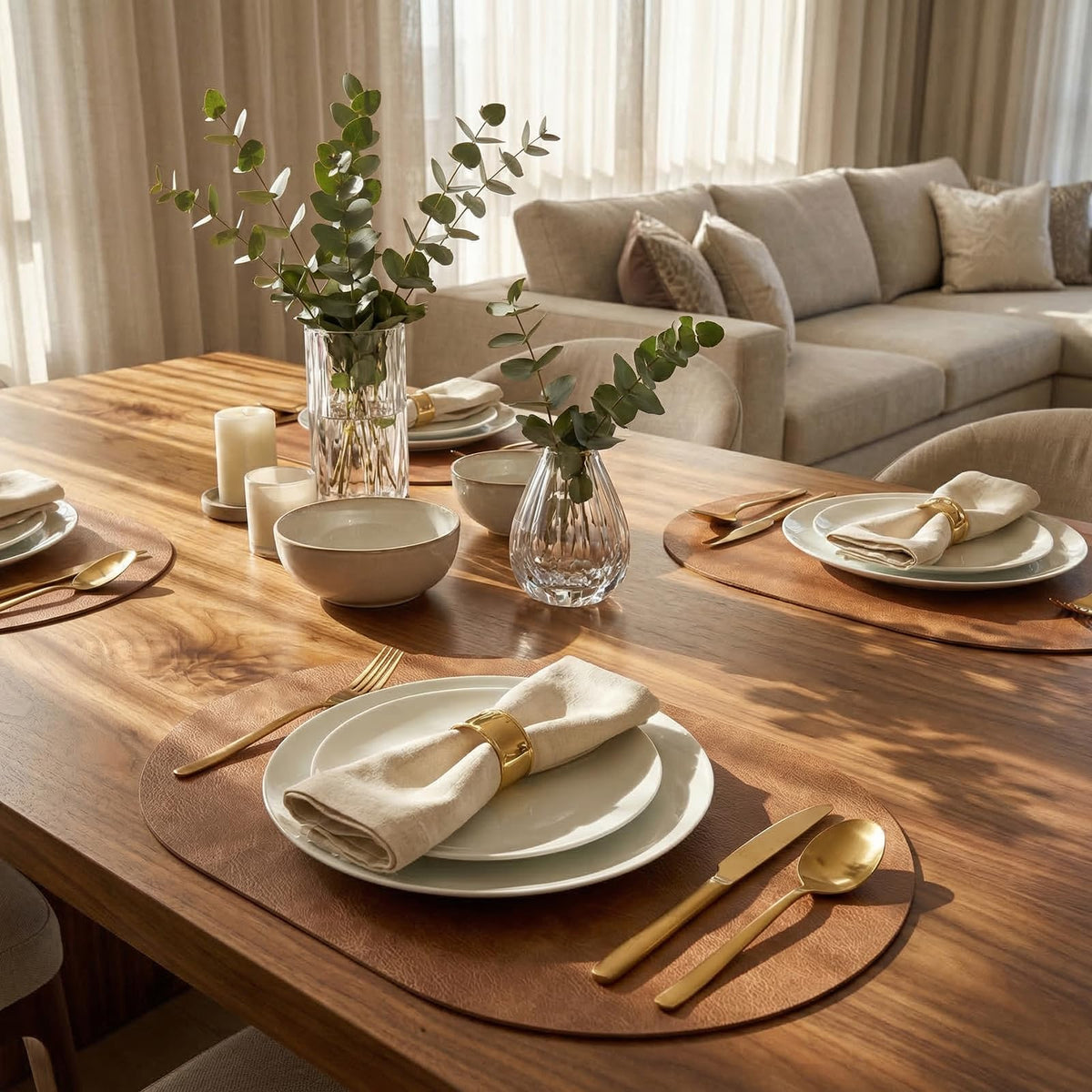 BIPASION Oval Placemats 2mm Ultra Thick Faux Leather Table Mats, Heat Resistant Waterproof Wipeable Dining Mats for Kitchen Table, Set of 8, Light Brown