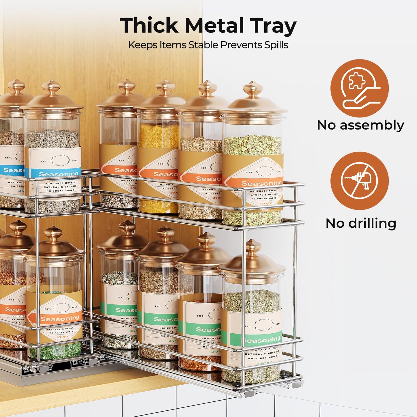 Pull Out Spice Rack Organizer for Cabinet, Slide Out Spice Racks, Easy to Install, 2.1''Wx10.35''Dx8.26''H, 3 Drawers 2 Tiers(Black)