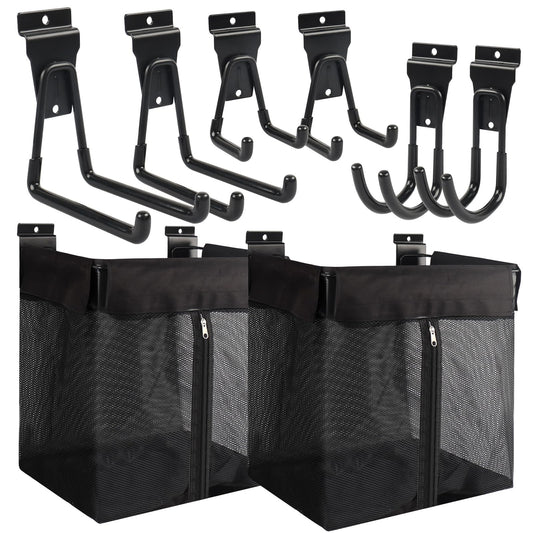 ZORUNNA 2PCS Slatwall Basket with Zipper, 6 PCS Heavy Duty Hooks, 16x15x11 Inch Slatwall Accessories, Easy to Install Garage Storage Mesh Basket for Shop Gym Toy Display Storage.