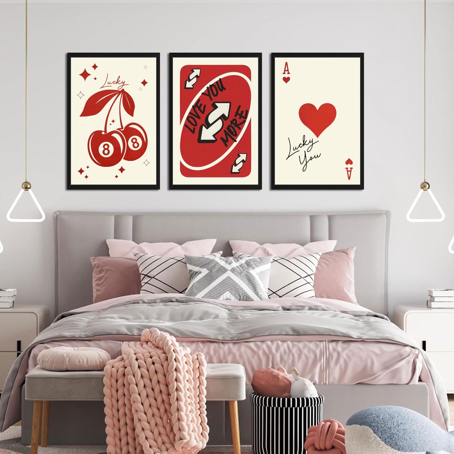 Red Heart Wall Art Set of 3, Trendy Love You More Valentine Wall Decor Paintings, Funky Y2K Ace of Hearts Canvas Prints Pictures, for Bedroom Dorm Bar Valentine Gift 12x16 Inch Wood Framed