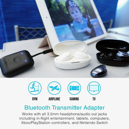 MEE Audio Connect Air in-Flight Bluetooth Wireless Audio Transmitter Adapter for up to 2 AirPods/Other Headphones; Works with All 3.5mm Aux Jacks on Airplanes, Gym Equipment, TVs, & Gaming Consoles