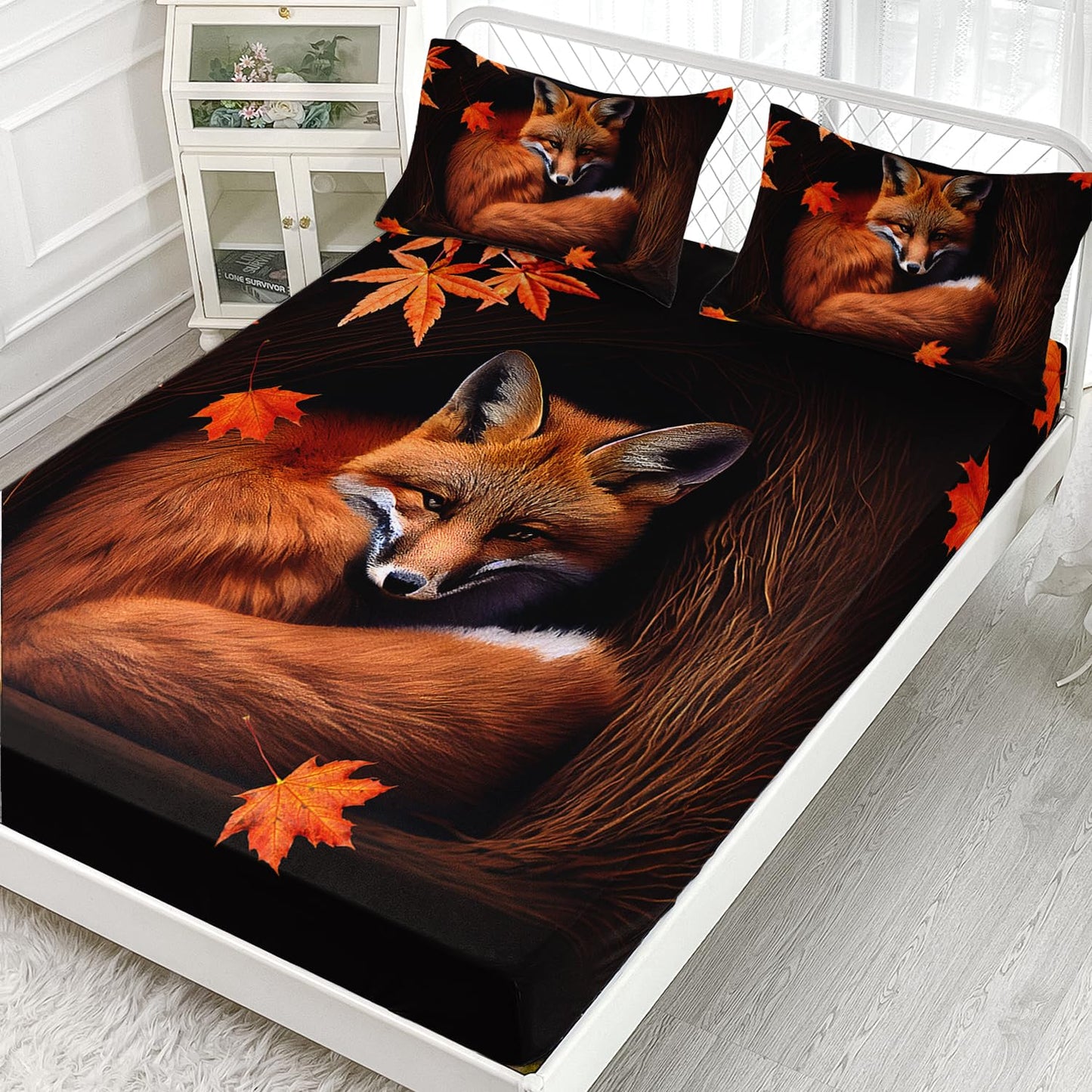 AILONEN Fox Fitted Sheet Set Twin Size, Autumn Maple Leaves Orange Animal Bed Sheet Set,Cartoon Fox Sheets Set for Kids Boys Girls,3 Pieces, 1 Fitted Sheet and 2 Pillowcases