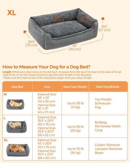 Feandrea Dog Bed, Linen-Look Pet Bed, Dog Sofa Bed with Raised Edges, Non-Slip Bottom, Removable Washable Cover, XL, for Large Dogs, 110 x 75 x 27 cm, Light Grey PGW12GG
