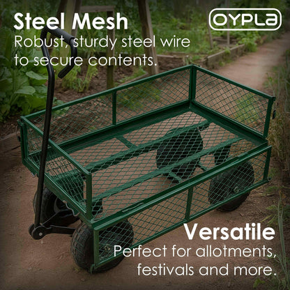 Oypla Heavy Duty Metal Gardening Trolley - Green Trailer Cart