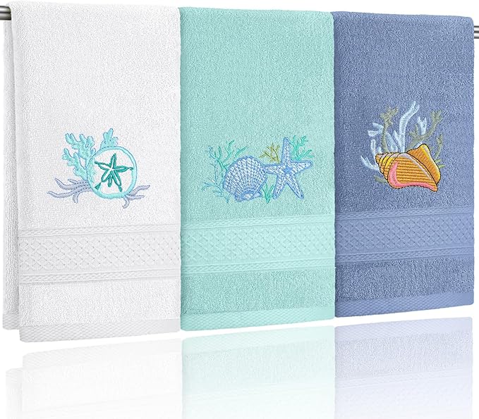 3 Pack Coastal Hand Towels for Bathroom 100% Cotton Embroidered Beach Bathroom
