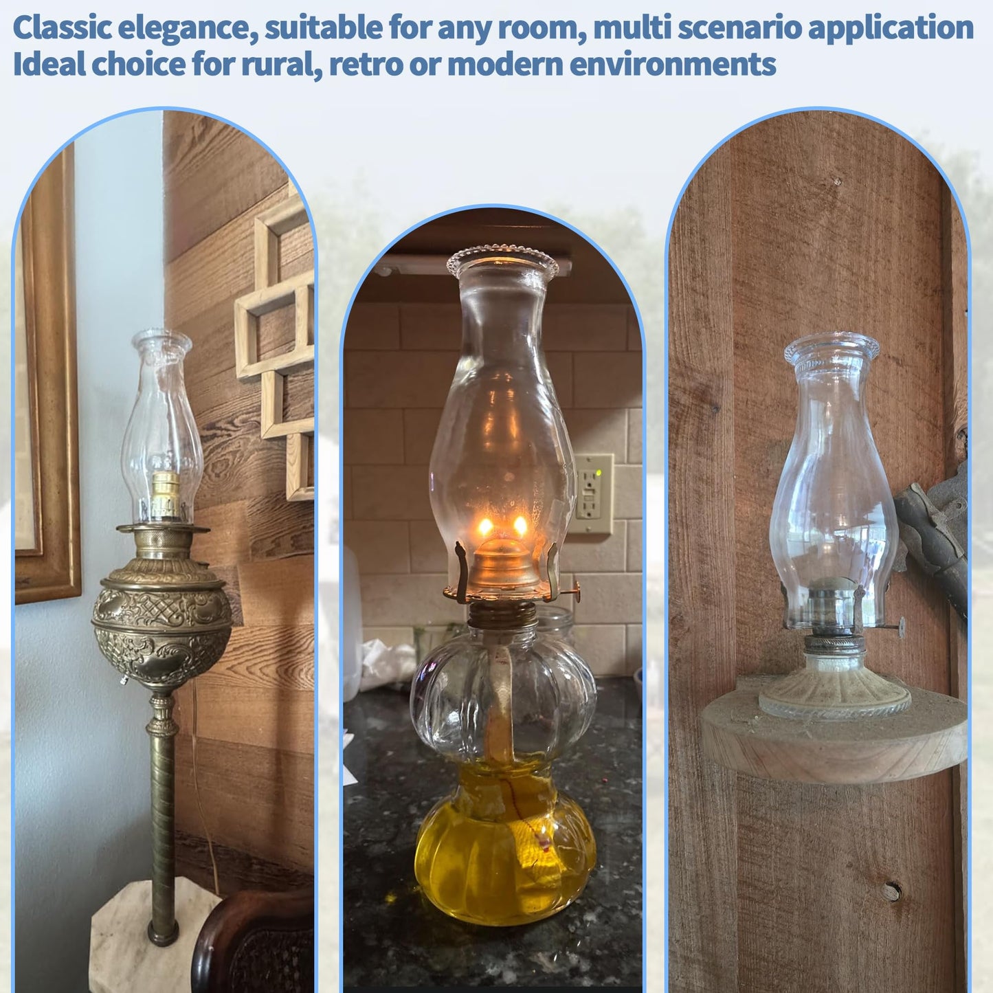 Oil Lamp Chimney Replacement, Clear Hurricane Glass Shade with Wave Style, 3-Inch Base for Kerosene Lamps