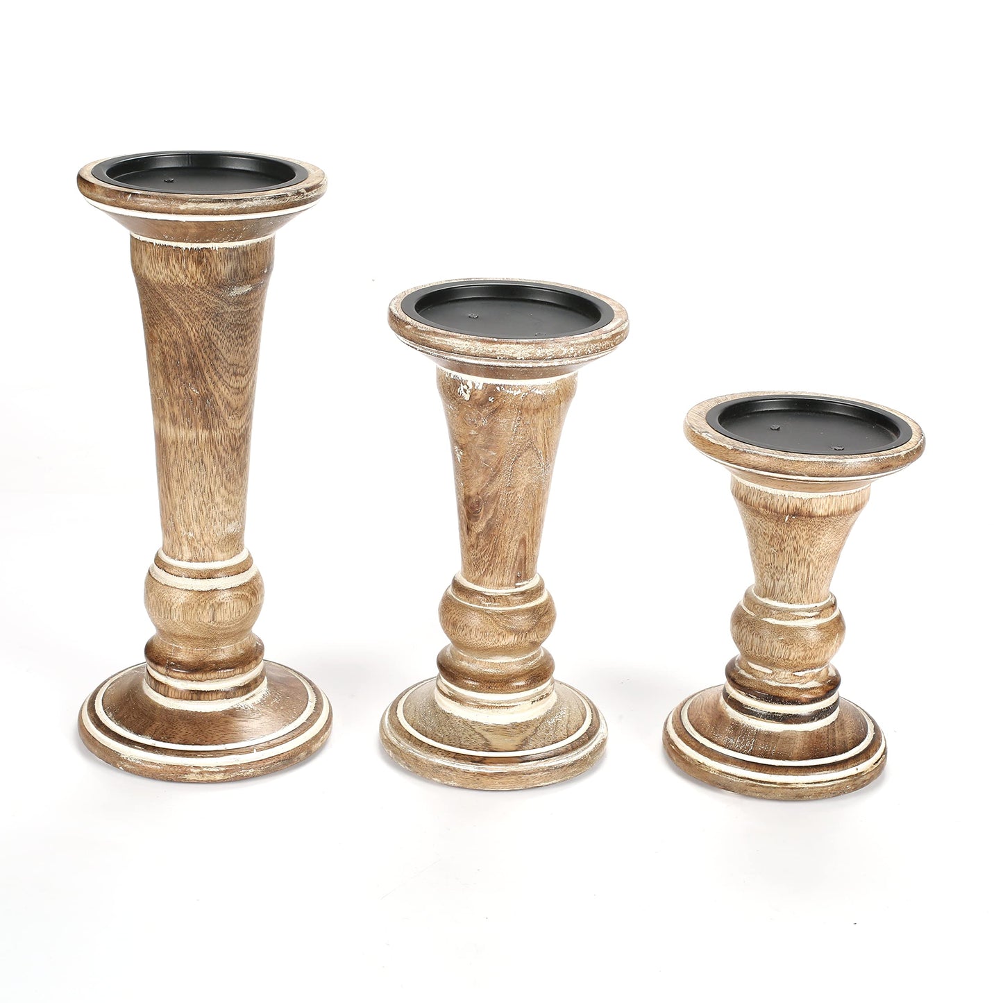 Hand Crafted Decorative Wooden Pillar Candle Holder Stand Siren Shape, Rounded Turned Colums, Country Style Ideal for Gift, Wedding, Christmas, Party, Home, Spa - 10,8,6 Inch Set of 3 - White Wash