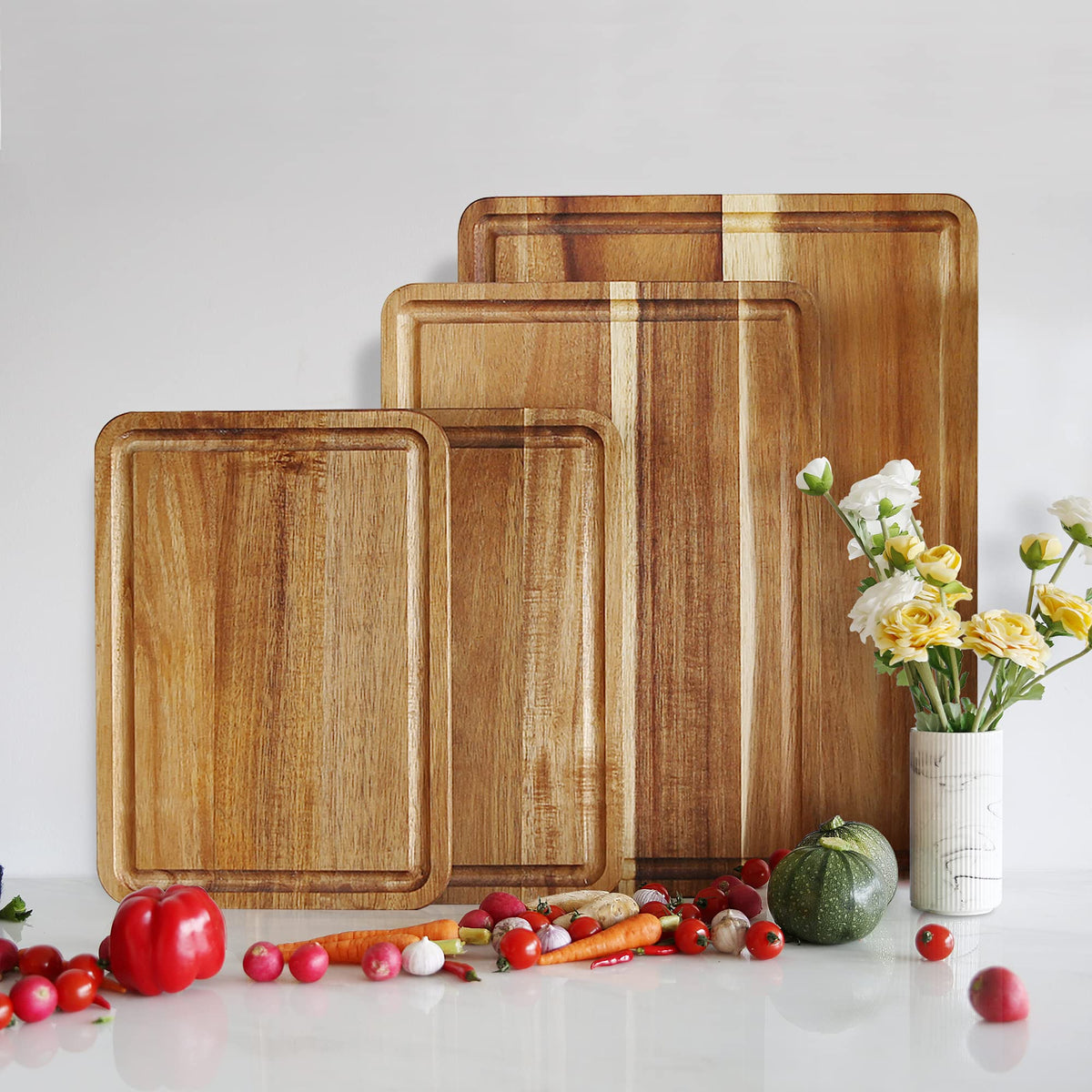 AZRHOM Large Wood Cutting Boards Set of 4 for Kitchen Cheese Charcuterie Board (Gift Box Included) Acacia Butcher Block with Non-slip Mats, Juice Groove and Handles (16x12, 14x10, double 11x8 inch)-4