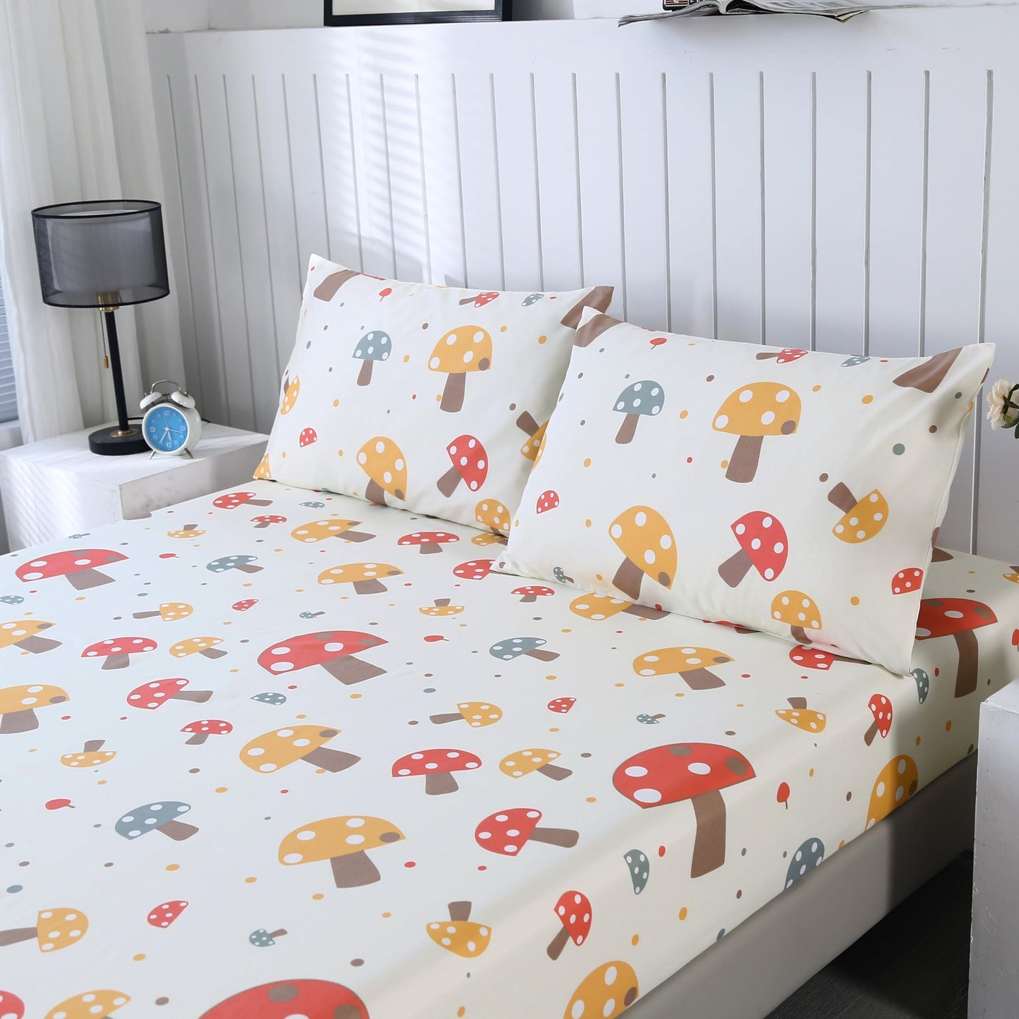 SDIII Cute Mushroom Fitted Sheet Twin with 2 Pillowcases, Deep Pocket Soft Microfiber Mushroom Sheet Twin for Boys Girls Kids and Teens