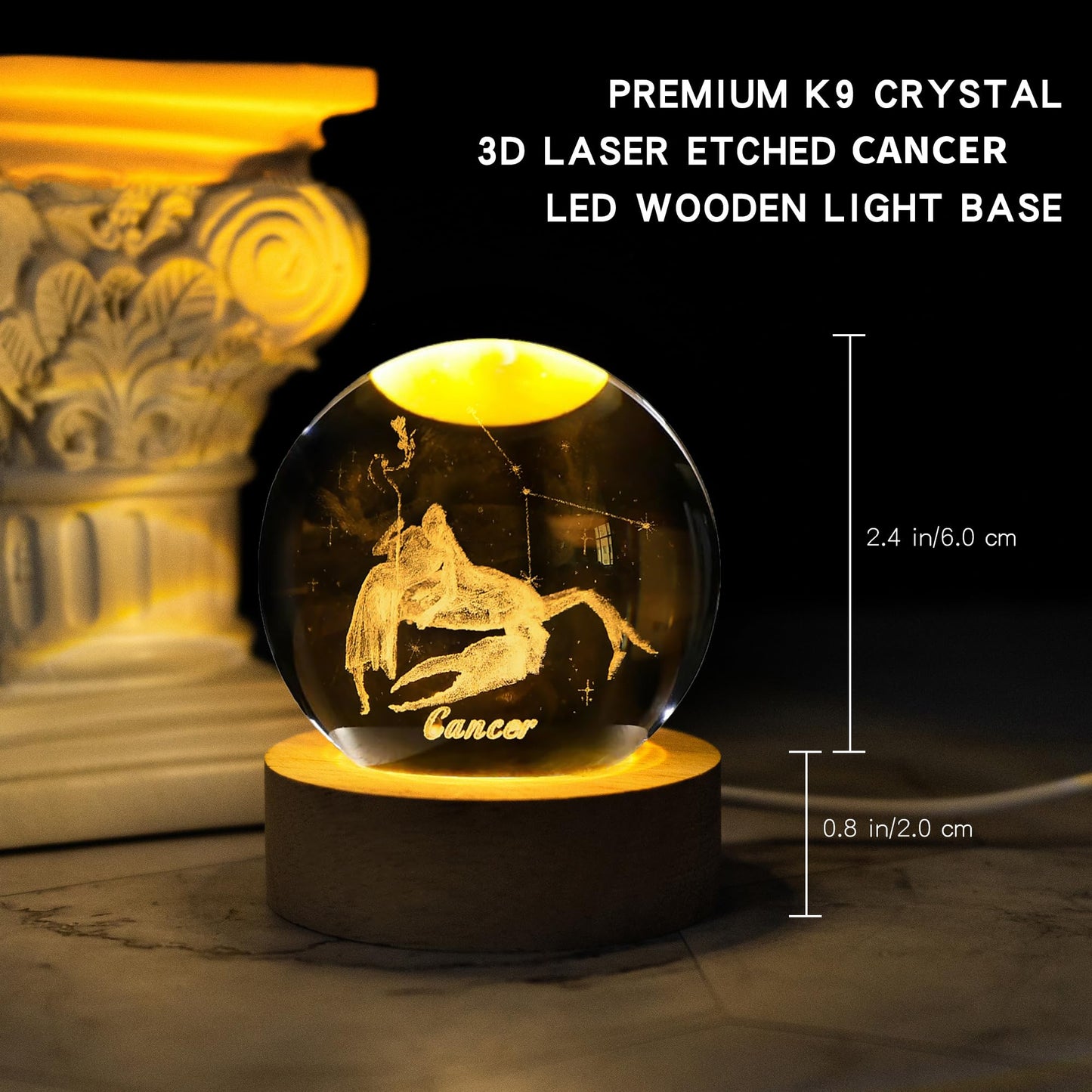 QIANCHANG 3D Etched Crystal Ball with LED Light Stand, Twelve Zodiac Cancer Constellation Decor Glass Sphere Lamp, Astrology Birthday Gifts for Women Kids