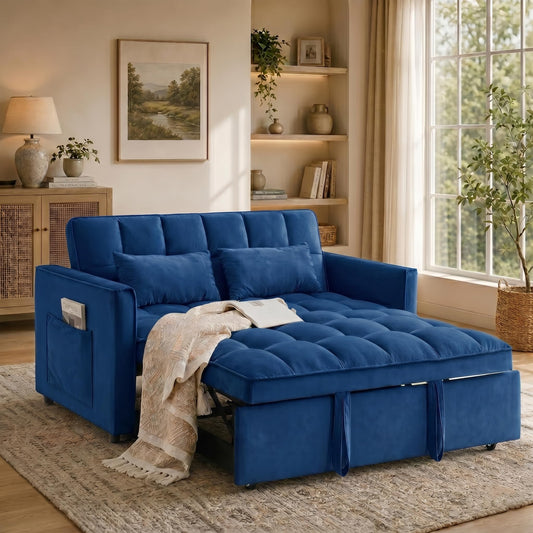 NicBex 3 in 1 Convertible Sofa Bed, Pull Out Couch Bed with Adjustable Backrest, Velvet Fabric Sleeper Sofa with Side Pocket, Loveseat Sleeper Sofa for Small Space, Living Room, Bedroom, Blue