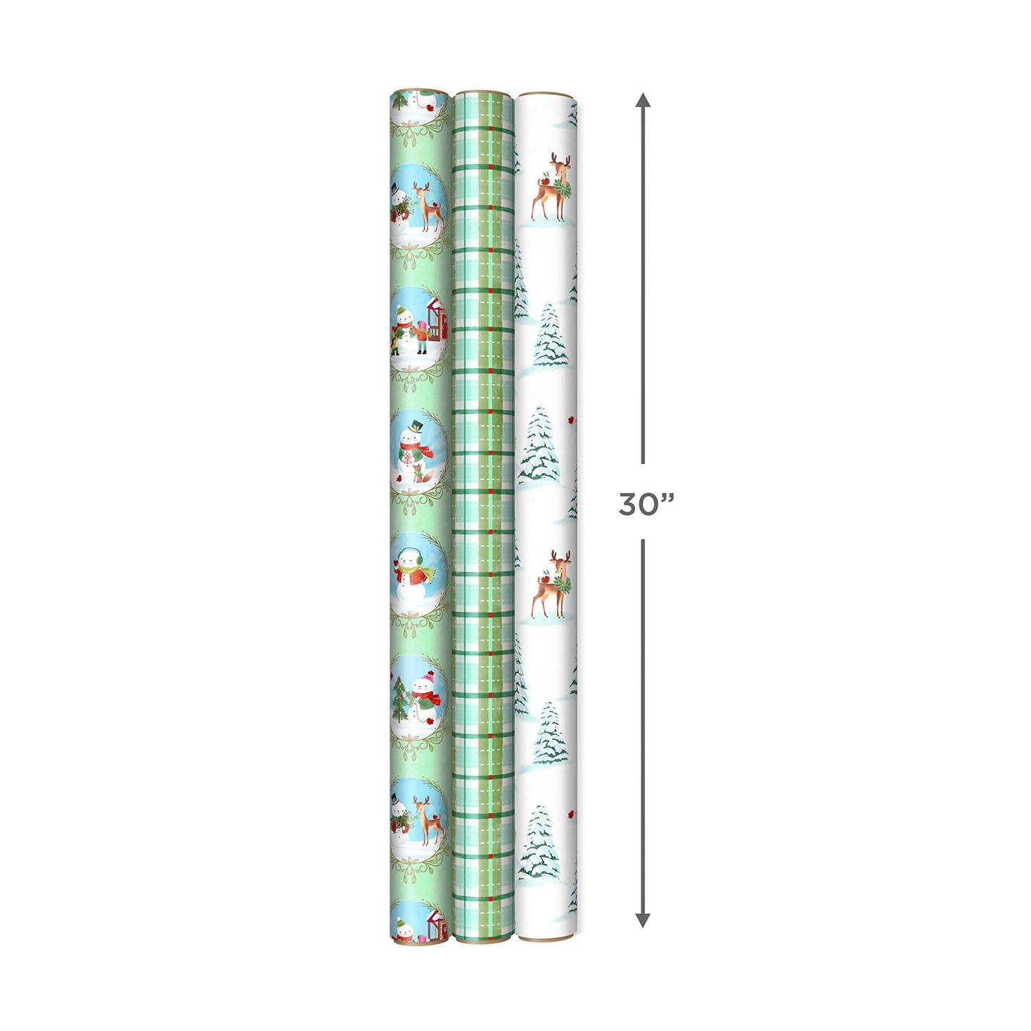 Hallmark Christmas Wrapping Paper Rolls, Holiday Gift Wrap (Pack of 3: 120 sq. ft. ttl) Storybook Critters, Snowmen, Green and Blue Plaid