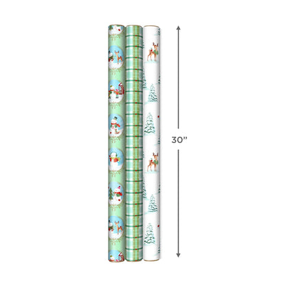 Hallmark Christmas Wrapping Paper Rolls, Holiday Gift Wrap (Pack of 3: 120 sq. ft. ttl) Storybook Critters, Snowmen, Green and Blue Plaid