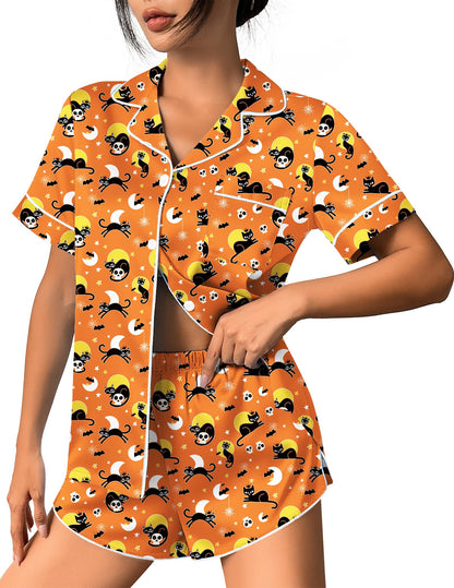 Ekouaer Womens Silk Satin Pajama Set Print Short Sleeve Sleepwear Button Down Pjs Shorts Set Loungewear Halloween Kitty XL