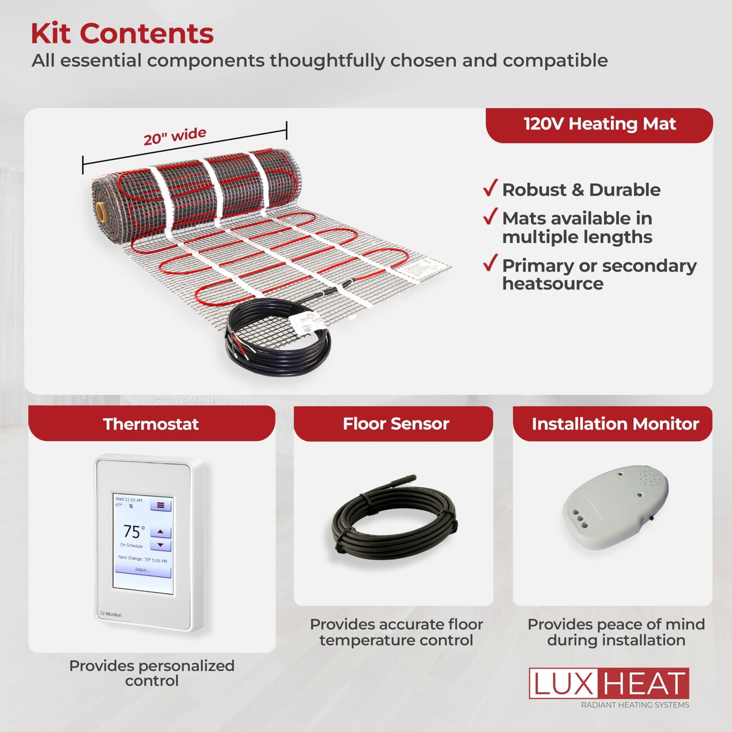LuxHeat 90sqft Floor Heating Mat Kit – 120v Electric Radiant Heated Floor Kit – Heated Flooring System for Tile & Laminate - Includes UDG4 Programmable Thermostat w/GFCI, Alarm & Sensor