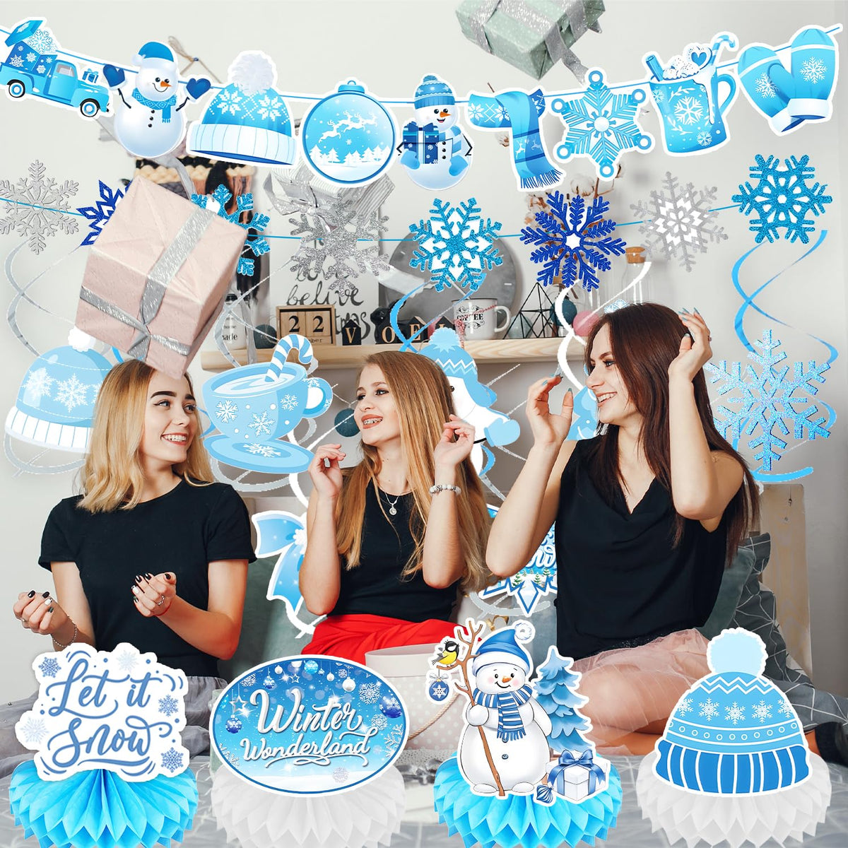 Winter Wonderland Party Decorations Winter-Themed Banner Snowflake Snowman Table Centerpieces Snowflake Frozen Ceiling Hanging Streamers for Wonderland Frozen Winter It's Snowing Party Supplies