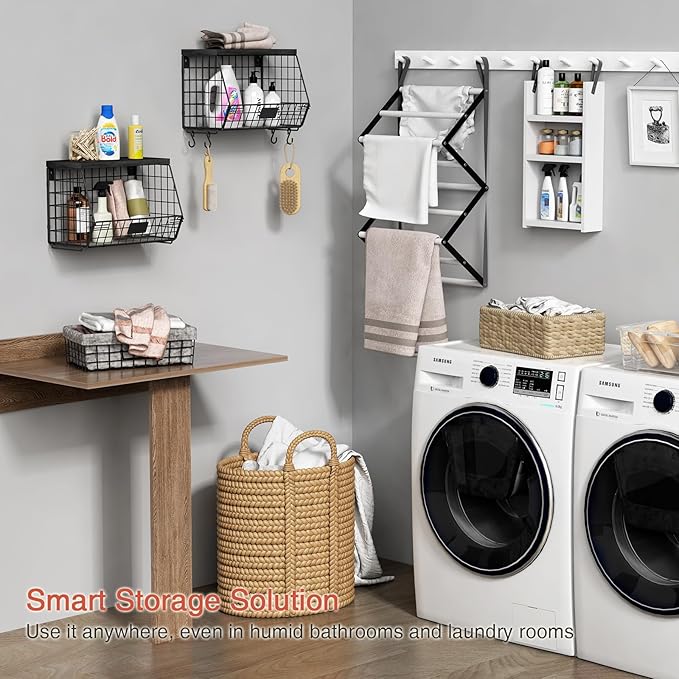Black Kitchen Wall Hanging Storage Basket Set of 2, Rustic Stackable Kitchen