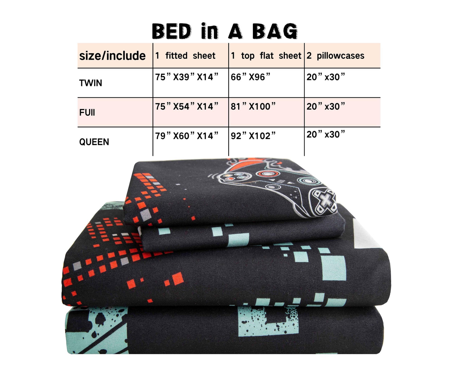 SDY 4 Pieces Game Sheet Sets Queen Size,Great Cartoon Microfiber Bed Sheets Sets,for Boys, Girls, Kids and Toddler, Bed in A Bag Packaged with 1 Fitted Sheet+ 1 Top Flat Sheet + 2 Pillowcases