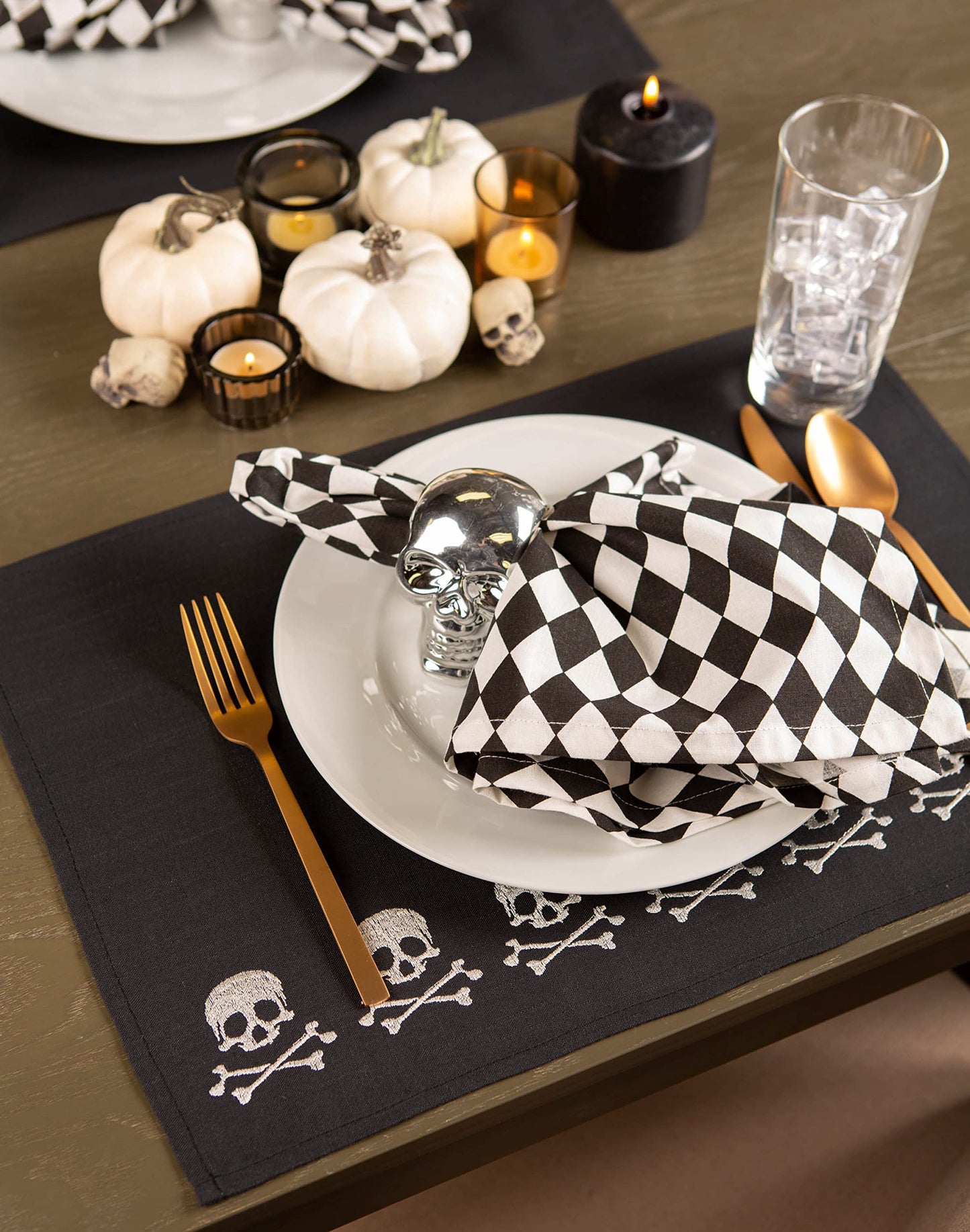 DII Halloween Tabletop, Harlequin Collection, Napkin Set, Black and Cream 6 Piece