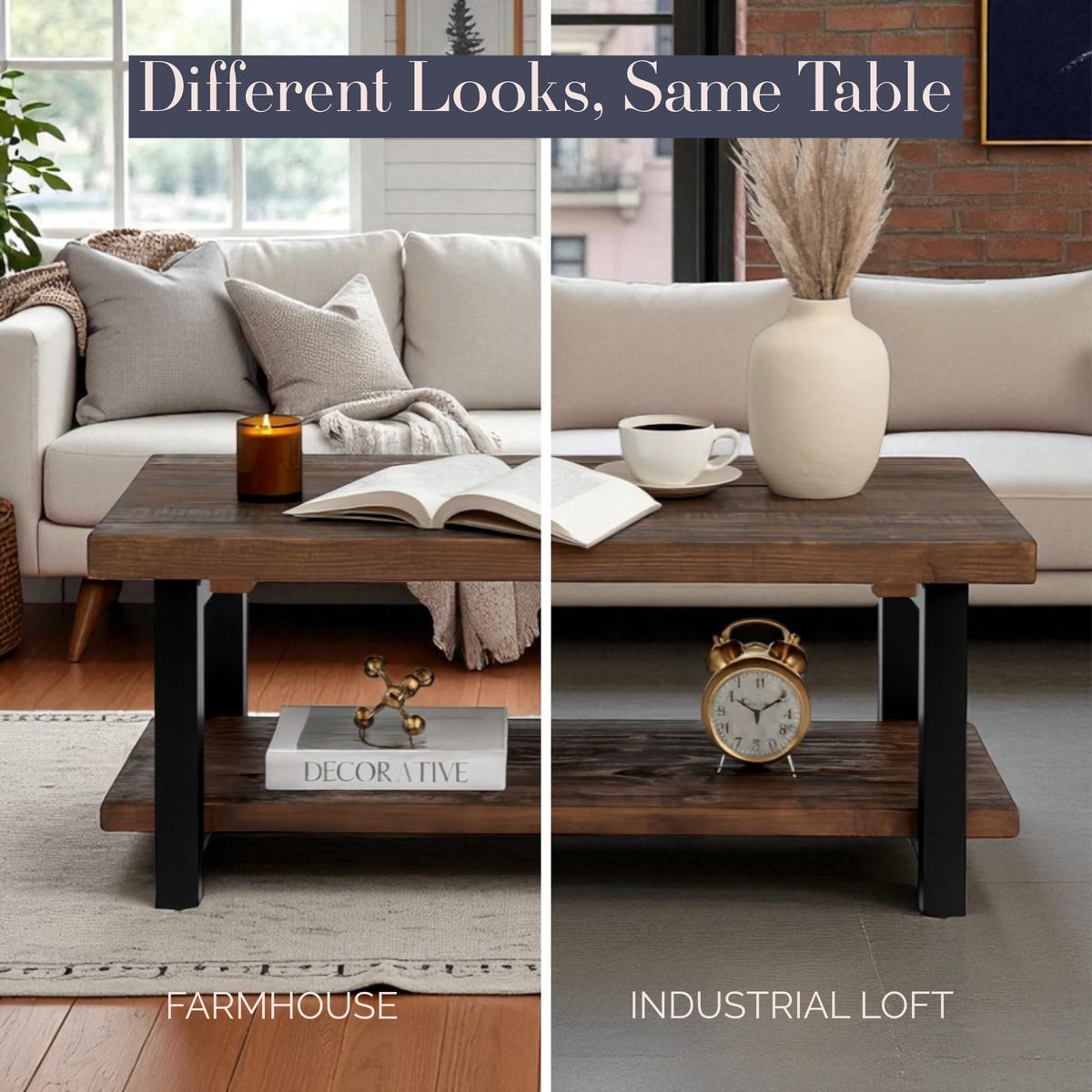 Pomona 42-Inch Rectangular Solid Wood Coffee Table with Storage Shelf & Metal Legs – Rustic Industrial Farmhouse Living Room Table by Alaterre Furniture (Rustic Natural)
