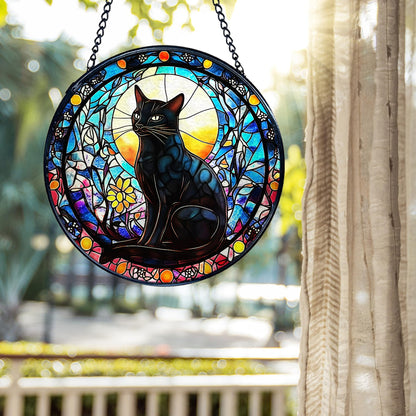 kdqua Black Cat Suncatcher Stained Glass Window Hanging, Gothic Kitty Sun Catchers Indoor Window Glass Round Wall Decor, Cat Wall Art Hanging Decorations Statues, 7.9x7.9in