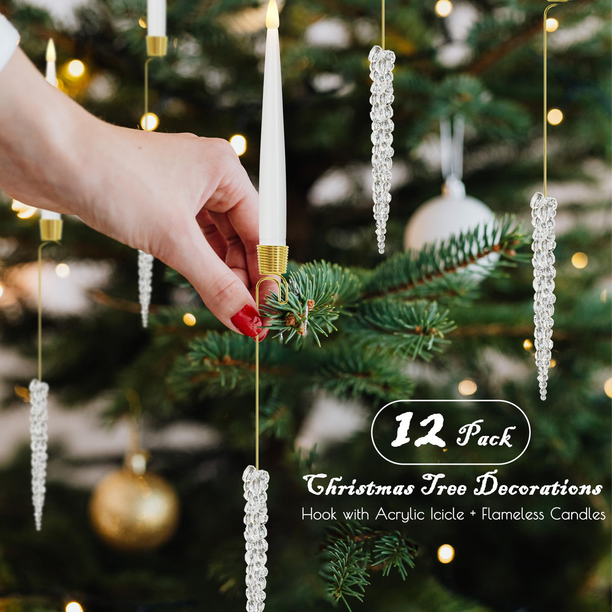 JOIONE Flameless Christmas Tree Candles with Remote, 12 Pack Battery Operated LED Candles for Christmas Tree Flickering Flame for Xmas Indoor Decor - Acrylic Icicles Hook