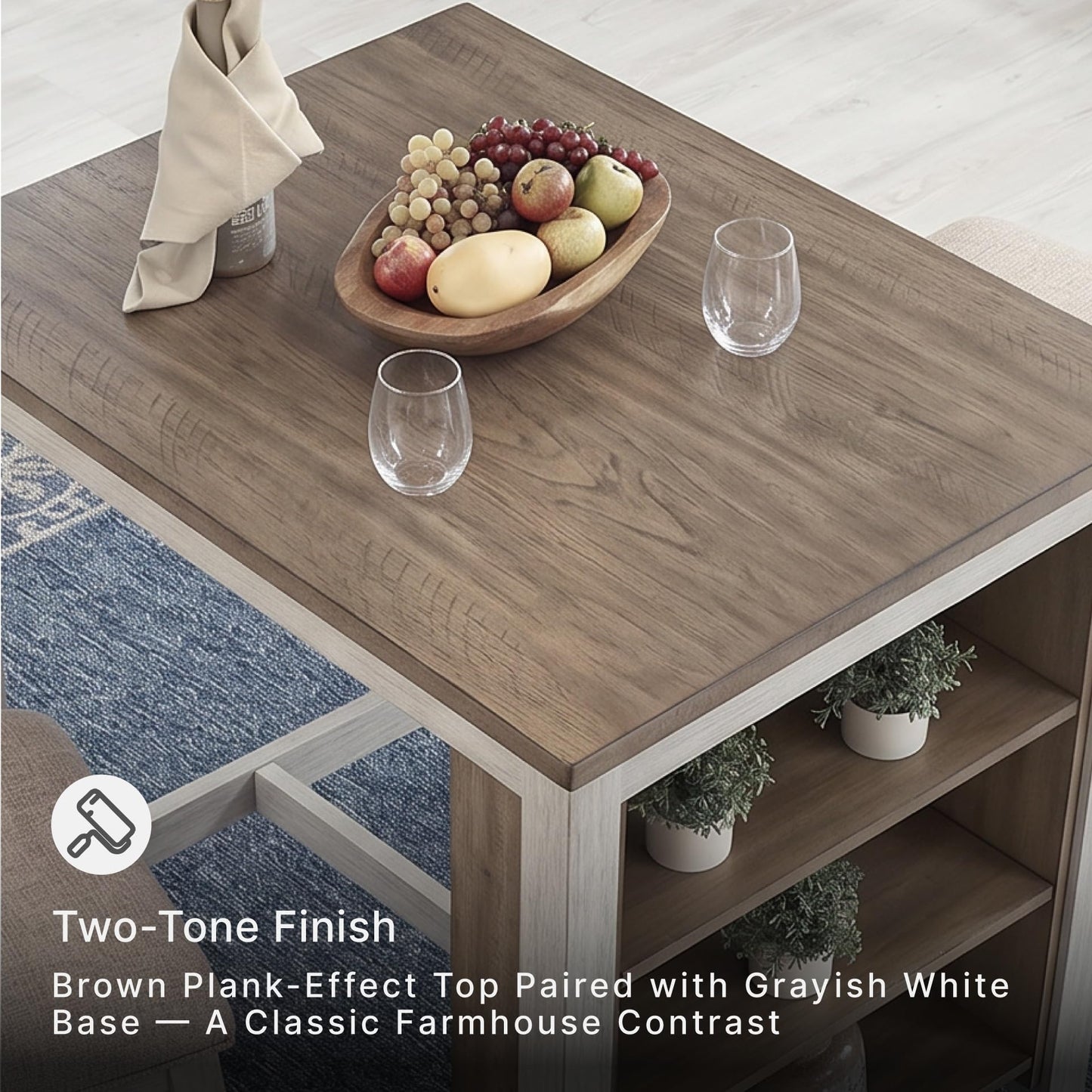 Signature Design by Ashley Skempton 3 Piece Counter Height Dining Table and Bar Stools Set, Built-in Storage, Wood, Acacia Veneer and Engineered Wood, Small Kitchen Table, White/Light Brown