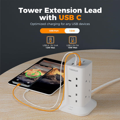 Tower Extension Lead with USB C Slots, TESSAN 8 Way Plug Extension Socket with Switch, Surge Protected Power Strip with 2M Cable for Home, School Supplies