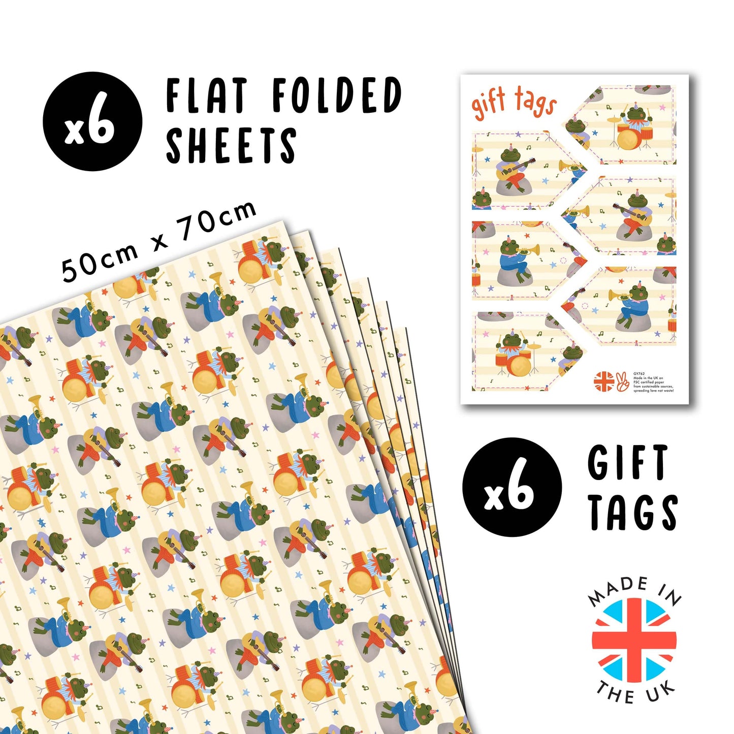 CENTRAL 23 Beige Halloween Wrapping Paper - 6 Sheets with Frogs Playing Musical Instruments - Birthday Wrap for Boys, Girls & Music Fans - Christmas Festivities, School Events