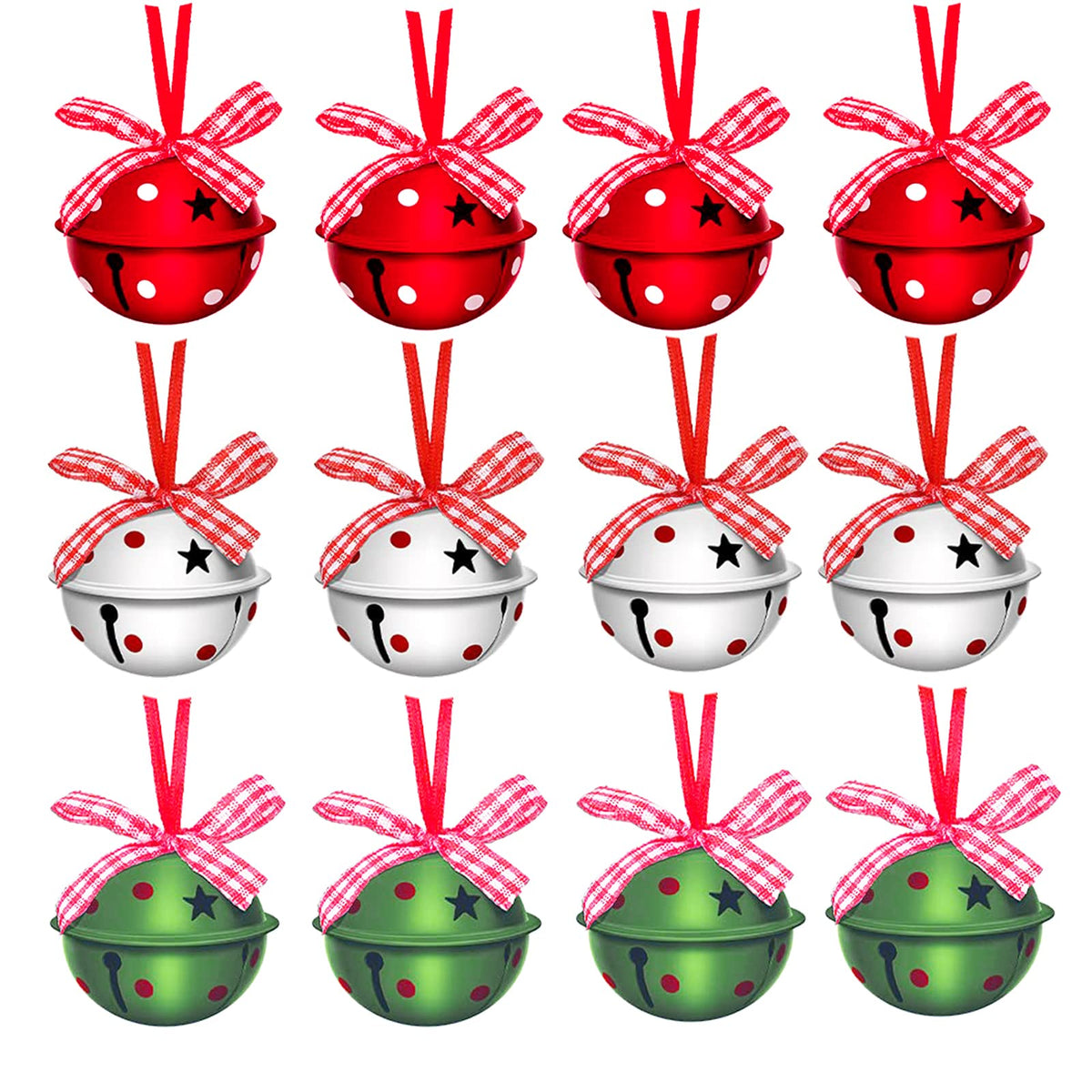 Christmas Jingle Bells 2" Star Cutouts Metal Decorative Bells with Ribbons for Xmas Tree Ornaments Wreath Festival Crafts Home Decorations (12 Pcs)
