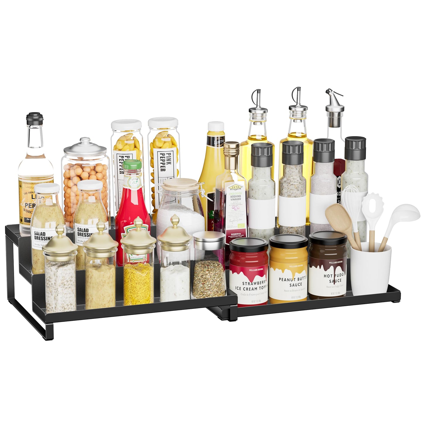 BOIVSHI Spice Rack Organizer for Cabinet, Expandable 3 - Tiered Spice Rack, Metal Spice Organizer, Spice Shelf Organizer for Cabinet, Countertop, Pantry, Cupboard, Black