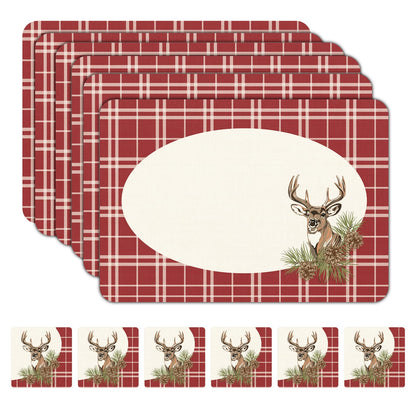 Casaido Christmas Plaid Placemats, Table Placemats Set of 6, with Coasters Waterproof Place Mats, Heat Resistant,Easy Clean Non-Slip Place Mats, Checkered Placemats,Anti Slip Dining Table Place Mats