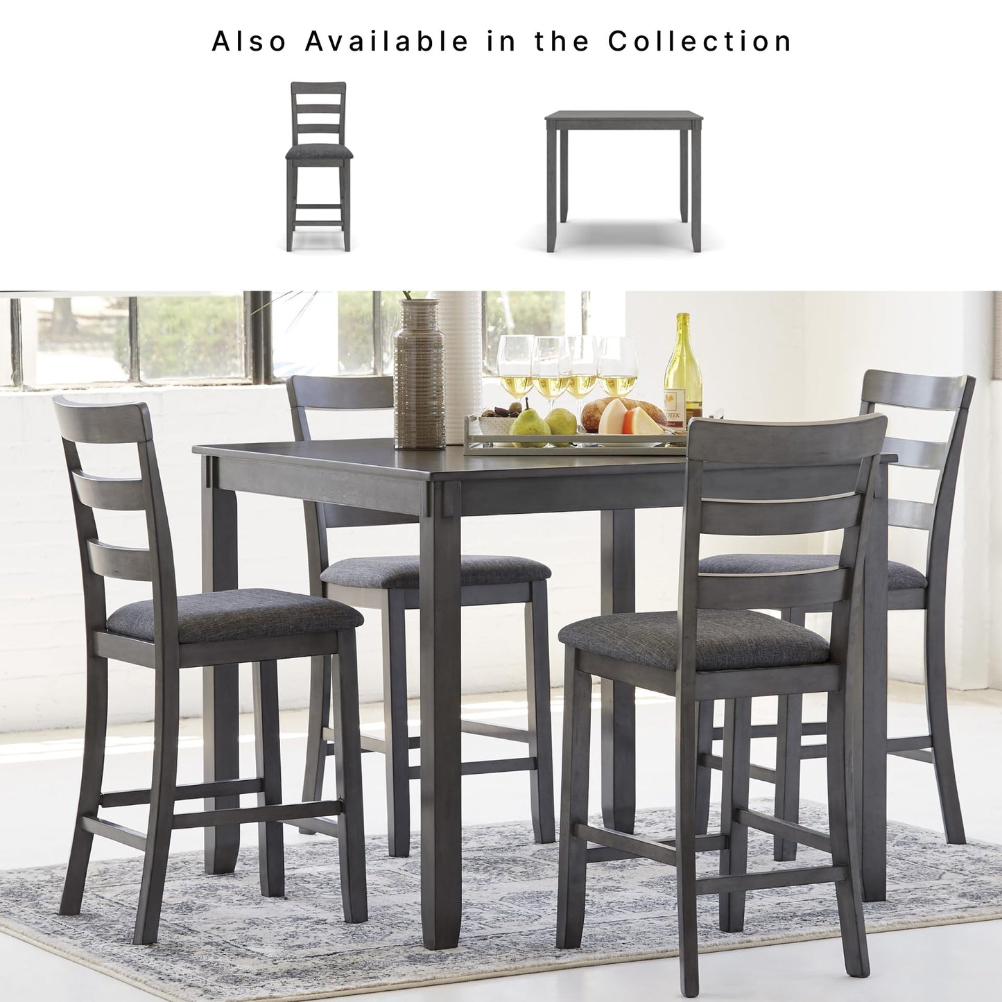 Signature Design by Ashley Bridson 5 Piece Dining Room Set, Includes Table & 4 Ladderback Barstools, Wood, Gray
