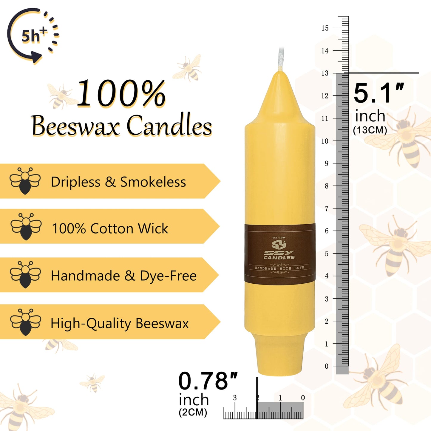 6 Inch Natural Beeswax Short Candles Set, Handmade Yellow Taper Candle Sticks Dripless Smokeless Bee Wax Candlesticks, 100% Pure Beeswax Candles for Dinner Party Home Decor Candle, 4 Pack