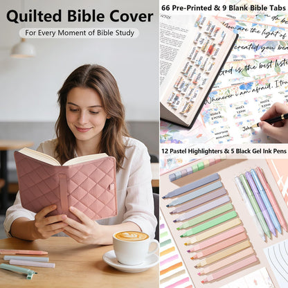 Large Bible Bag w/Bible Cover Case for Women, Puffer Bible Tote Bag Quilted Church Bag Book Carrying Case w/Shoulder Strap, Bible Study Supplies Journaling Kit Accessories Women Christian Easter Gift