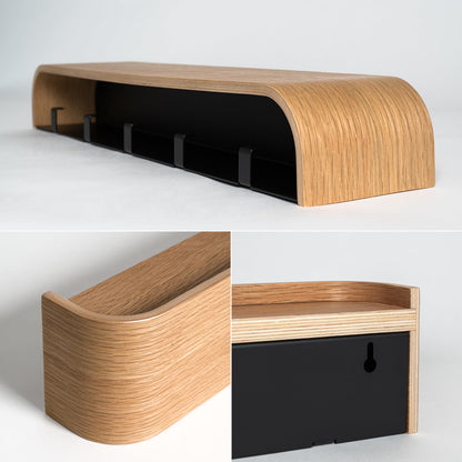 Kazai. Wall-Mounted Coat Rack 'Toke' - Modern Design Coat Rack with Hidden Wall Hooks - Solid Wood Veneer Panel Coat Hanger - Oak