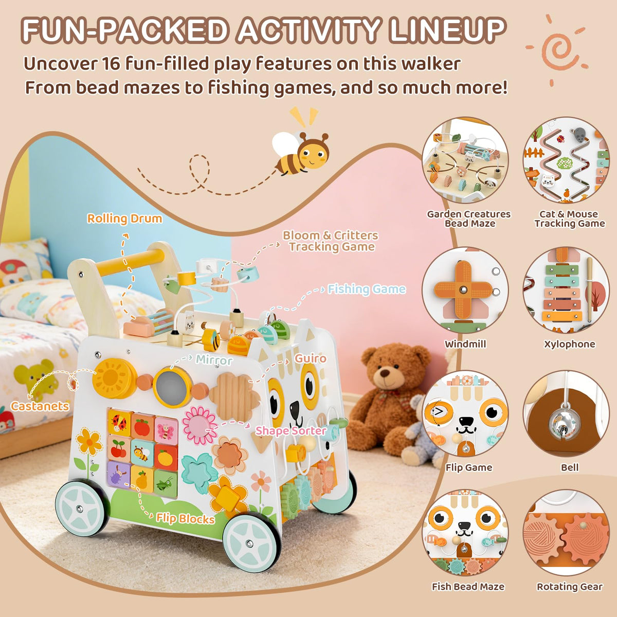 Weilim Wooden Baby Push Walker with Activity Center, Montessori Toy 12M+
