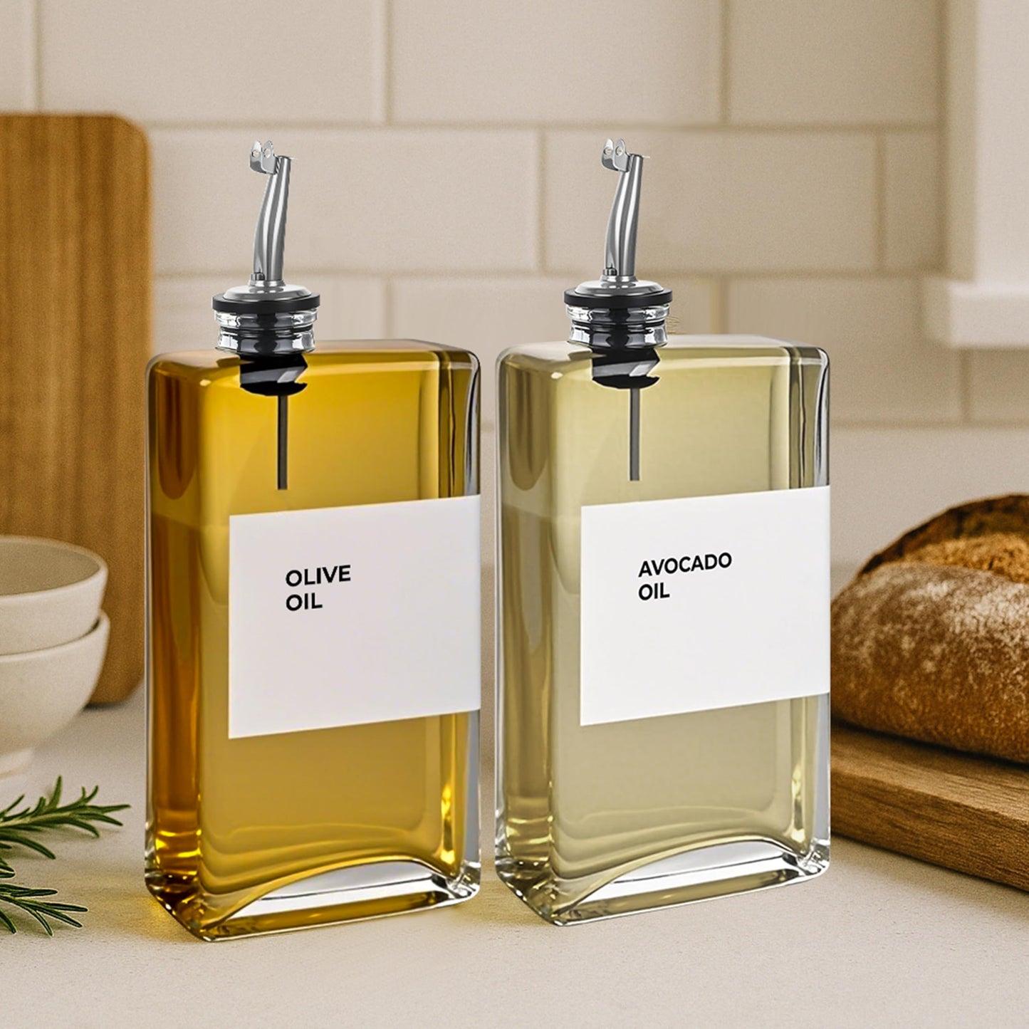 Spaceneat Olive Oil Dispenser Bottle - Includes 44 Kitchen Essential Labels - Cooking Oil Bottles for Kitchen, Coffee Syrup Dispenser - Pourer Spout with 11.8 fl oz Glass Container Cruet - 2pcs Silver