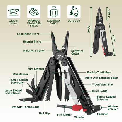 MOSSY OAK Multitool, 19-in-1 Stainless Steel Multi Tool Pliers, Survival Tools with Fire Starter, Window Breaker, Whistler, Self-locking EDC Gear with Sheath for Outdoor, Survival, Camping, Hiking