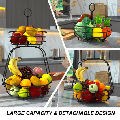ASTLIHO House Warming Gifts New Home, Fruit Basket for Kitchen Counter, 2 Tier Countertop Fruit Bowl Vegetable Baskets with Banana Hanger, Storage Basket for Snack, Home Decor, Kitchen Appliances