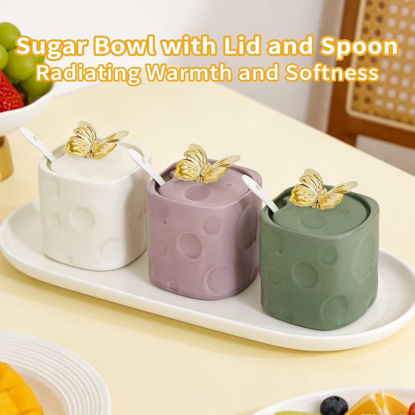 BarroSol Ceramic Sugar Container, 6.7ounce Sugar Bowl with Lid and Spoon,Sugar Jar with 3D Golden Butterfly Decoration for Coffee, Salt, Spices,Sugar Holder for Coffee Station Accessories,Purple