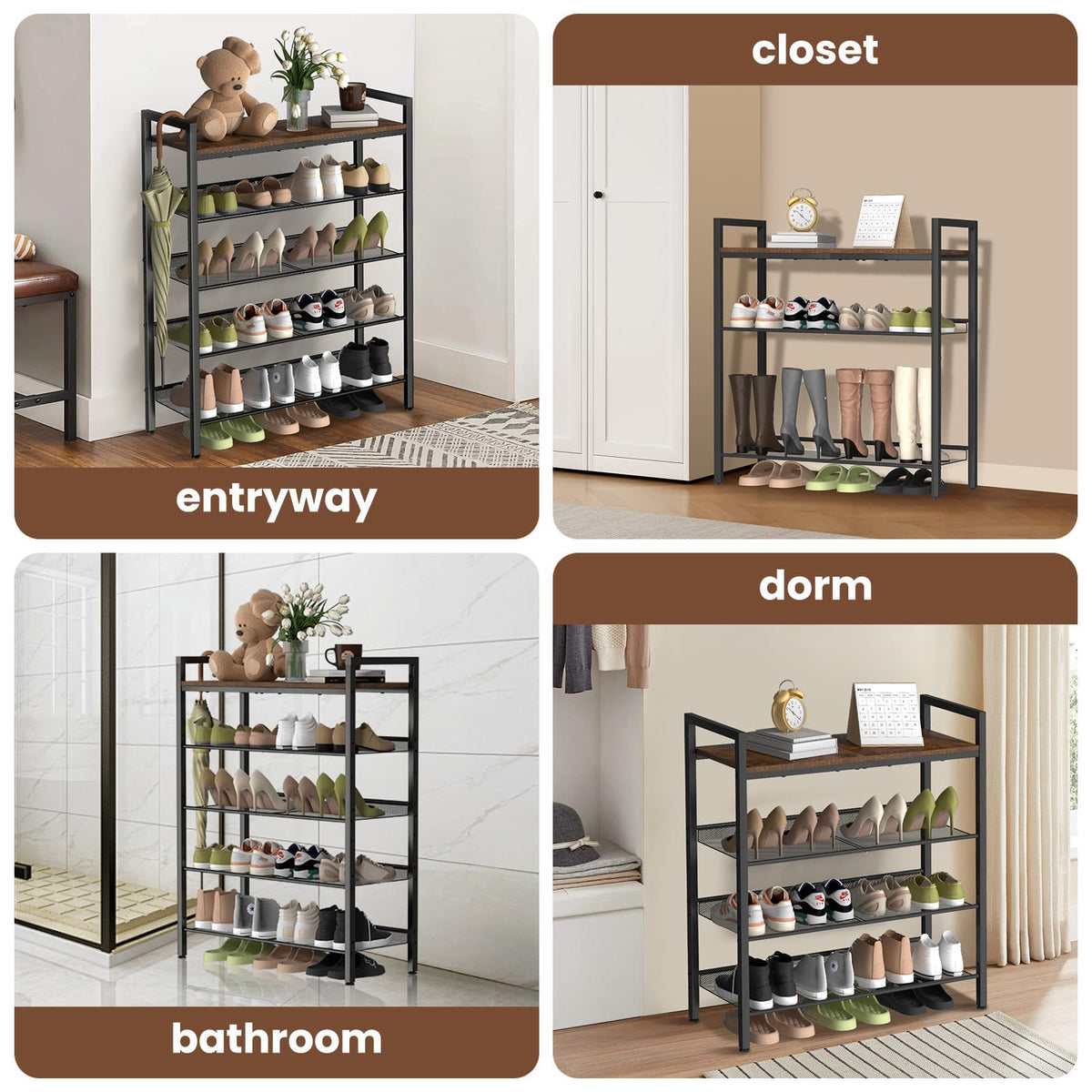 BASICS4ALL 4 Tier Shoe Rack for Entryway, Metal Shoe Rack Heavy Duty with Wooden Top & Adjustable Mesh Shelves, Shoe Storage Organizer for Front Door Entrance/Closet/Bedroom/Dorm/Garage
