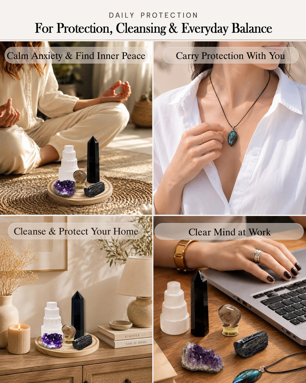 Protection Crystals and Healing Stones Gift Set — Black Tourmaline, Obsidian, Selenite, Labradorite Necklace, Smoky Quartz, Amethyst for Negative Energy & Spiritual Cleansing, Wooden Gift Box