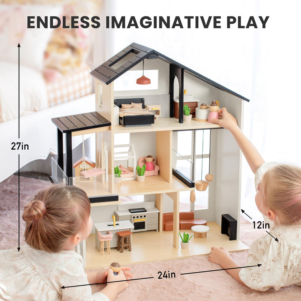 Tiny Land Modern Wooden Dollhouse & 5-Piece Poseable Wooden Doll Family People Set