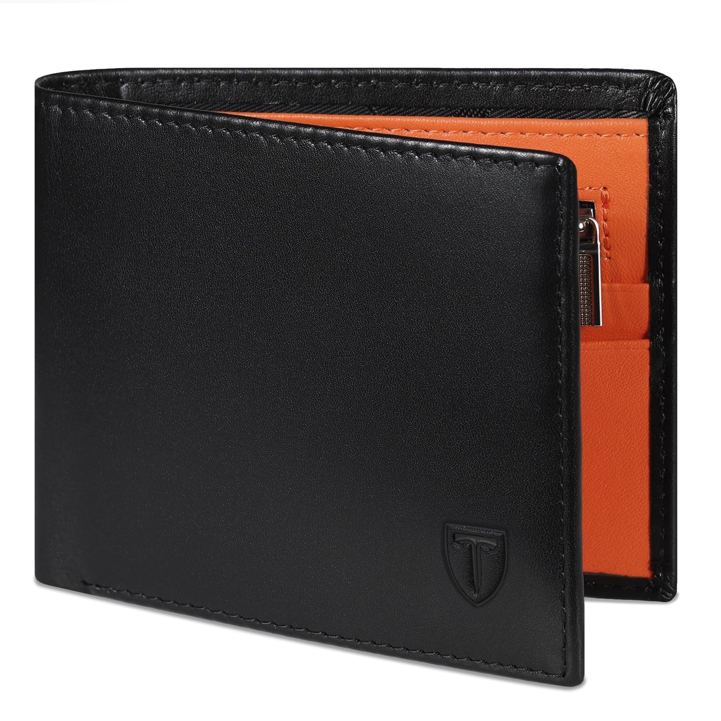 TEEHON Wallets for Men UK with RFID Blocking Slim Wallet with Coin Pocke, 11 Card Slots, 2 Note Pockets, ID Window & Gift Box - Black & Orange